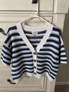 Universal Thread Navy and White Striped Crochet Button Cardigan